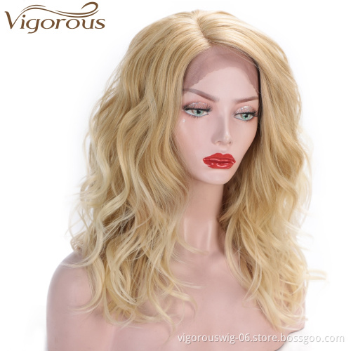 Vigorous European Style Body Wave Lace Front Wigs Synthetic Glueless 150% Density Blonde Color Hair Wig for White Women